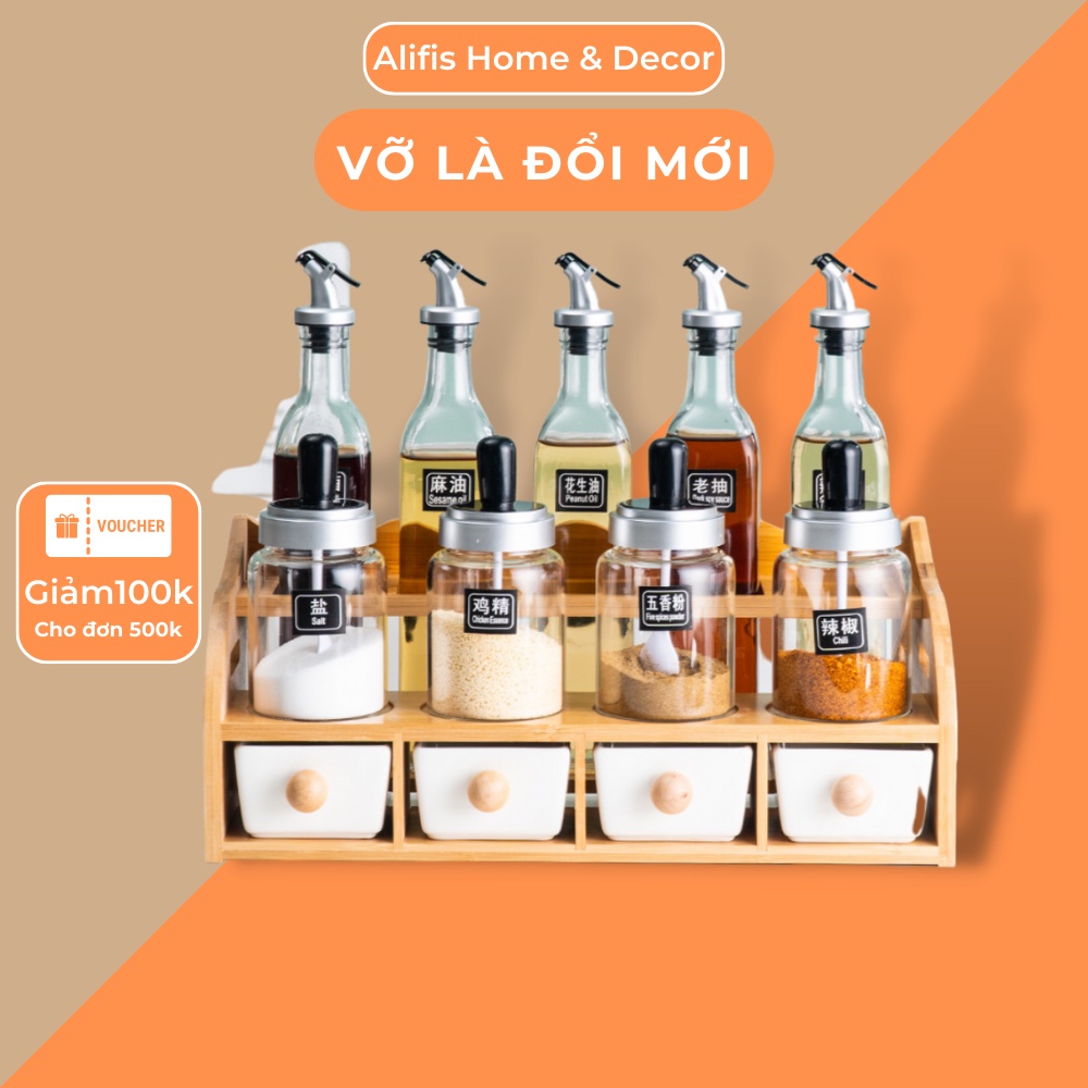 Bộ đựng gia vị nhà bếp 2 tầng thuỷ tinh 10 - 13 món kèm kệ phong cách Bắc Âu sang trọng Alifis