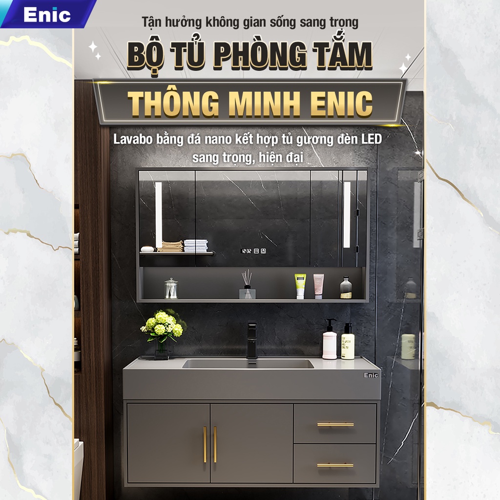 Bộ tủ lavabo và tủ gương phòng tắm cao cấp Enic T03 chất liệu Polywood chống thấm nước và đá nano chống trầy, BH 5 năm