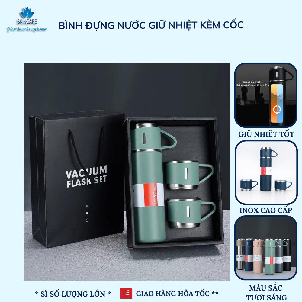 Bình nước giữ nhiệt, Bộ bình giữ nhiệt kèm 2 ly cách nhiệt vacuum flask 500ml inox cao cấp hàng full hộp loại đẹp.