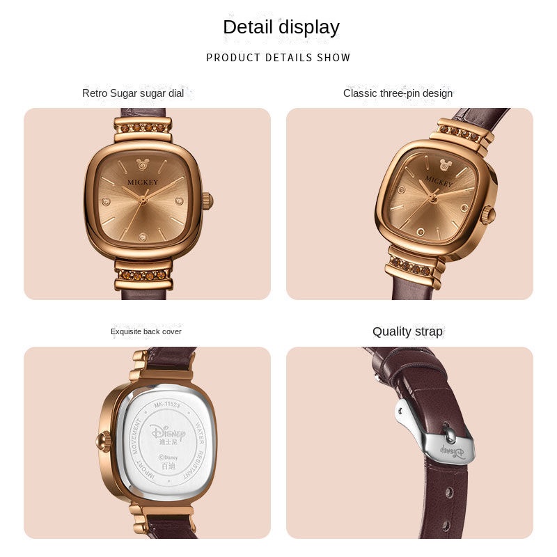 Đồng Hồ Đeo Tay Mặt Vuông In Hình Chuột Mickey Kết Cấu Mặt Trời Disney Dễ Thương Thanh Lịch Làm Quà Tặng Cho Bạn