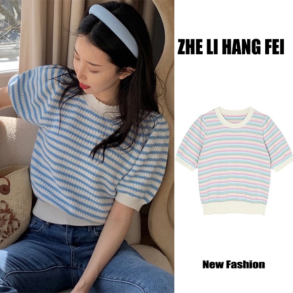 Áo thun ZHELIHANGFEI vải dệt kim tay ngắn phồng kẻ sọc màu cầu vồng dễ thương