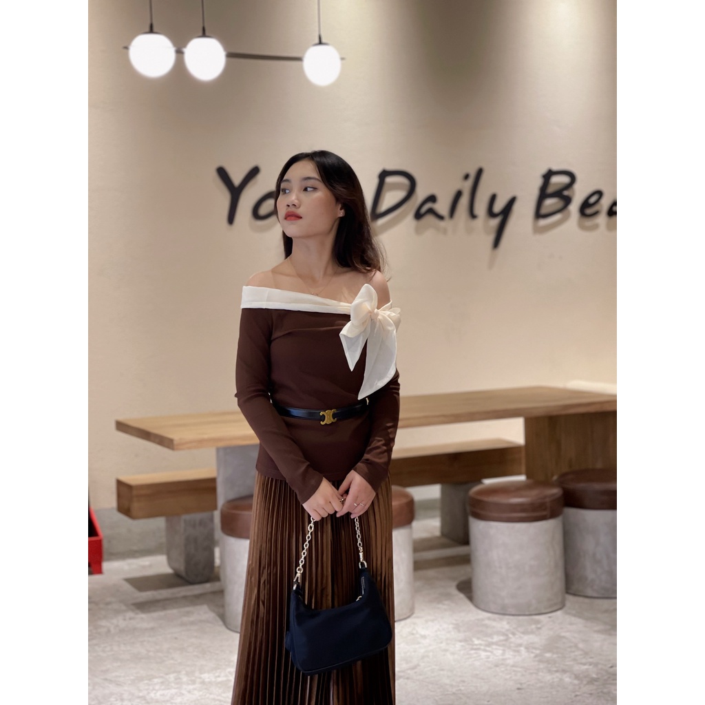 (HÀNG SẴN - ẢNH THẬT) Aó thun tay dài bẹt vai, Áo dành cho nữ xinh xắn cột nơ hoặc thắt khăn