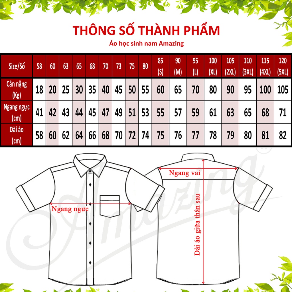 Áo trắng học sinh nam tay ngắn, đồng phục đi học cho bé trai từ 20-110 kg, vải KT Silk mềm mướt, hiệu Amazing