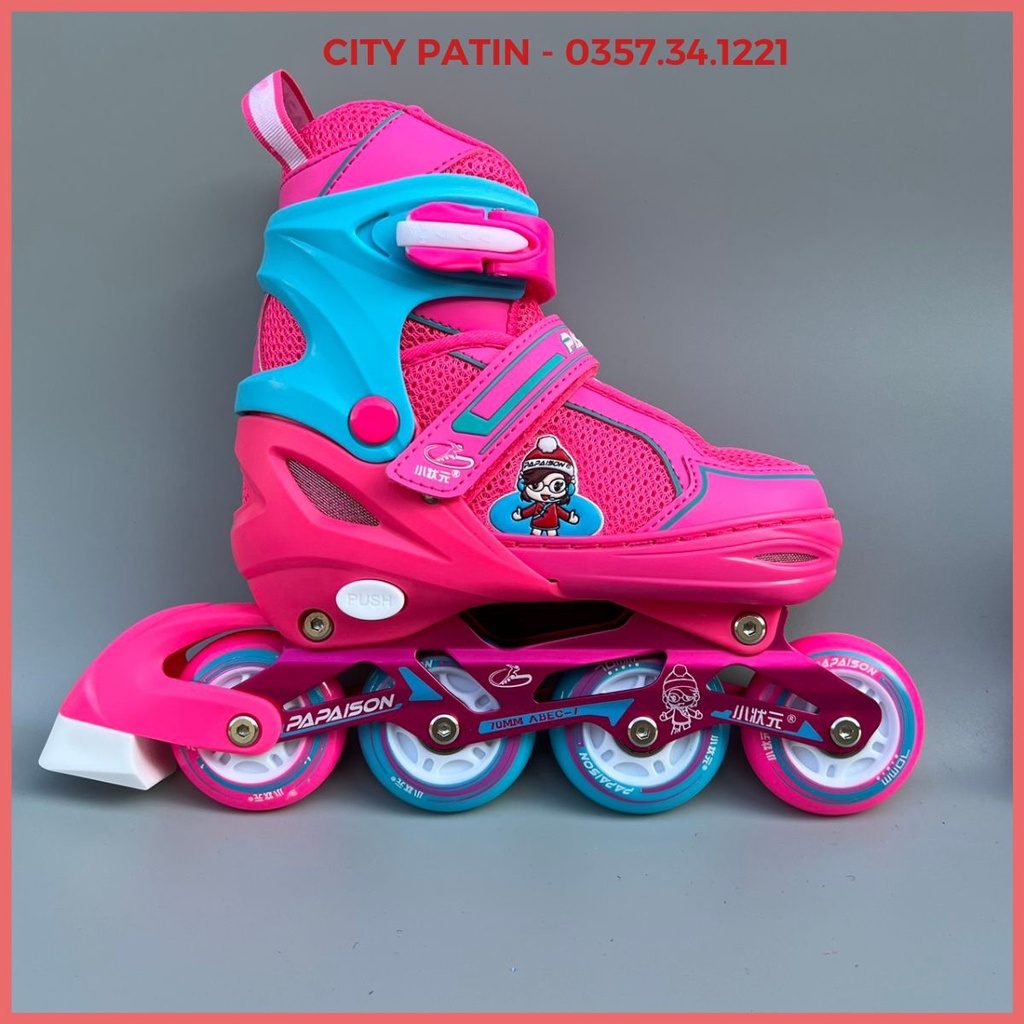 Giày trượt patin trẻ em,  8 bánh sáng Papasion kid 3, patin điều chỉnh tăng giảm được size, bánh cao su đặc