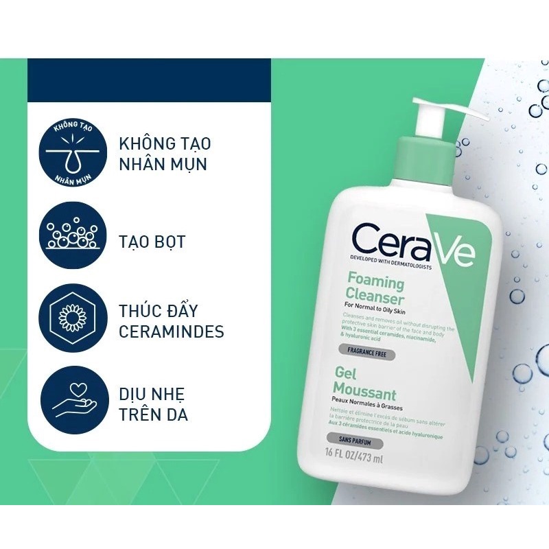 Sữa Rửa Mặt Sạch Sâu, Dưỡng Ẩm Cerave Developed With Dermatologists Foaming Cleanser 473ml