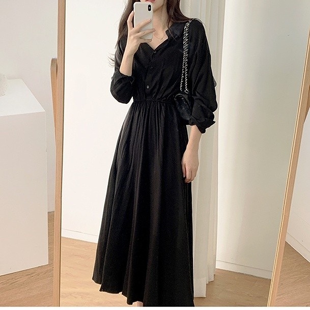 Đầm SUXI dáng chữ A tay dài màu sắc đơn giản thời trang Hàn Quốc dành cho nữ