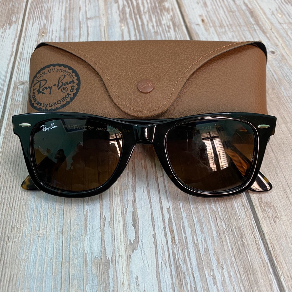 Kính Mát Rayban Wayfarer Tròng Thủy Tinh Nâu Trà Đeo Đi Ngày&Đêm, Gọng Đồi Mồi Unisex Thời Trang