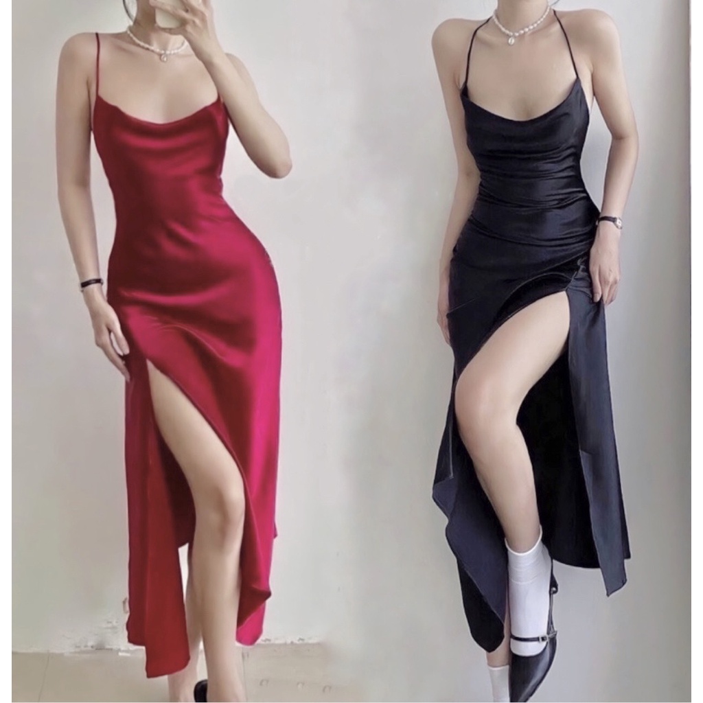 Đầm Lụa Cổ Đổ Xẻ Đùi Hở Lưng Thiết Kế Cao Cấp - Váy Lụa Cổ Đổ Xẻ Đùi Hở Lưng Tôn Dáng Cho Người Mặc