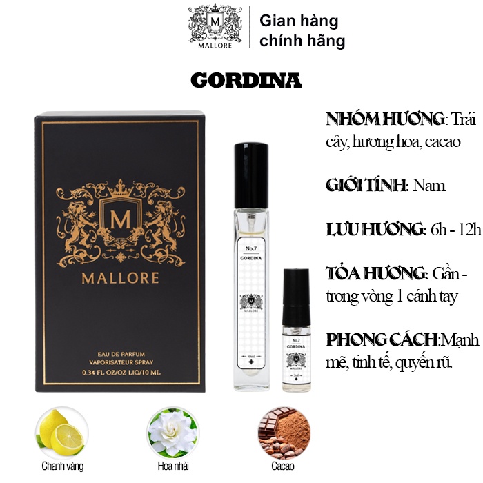 Nước hoa nam Mallore Gordina cá tính, sang trọng. Nước hoa mini gợi cảm 10ml dạng xịt tiện lợi