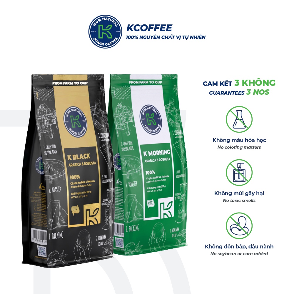 Combo 2 túi cà phê rang xay Robusta Arabica K Black 227g và K Morning 227g thương hiệu K Coffee