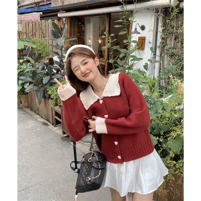(Order) Áo len nữ đỏ trắng cổ sen phối cúc trái tim phong cách Hàn Quốc tiểu thư hot ulzzang