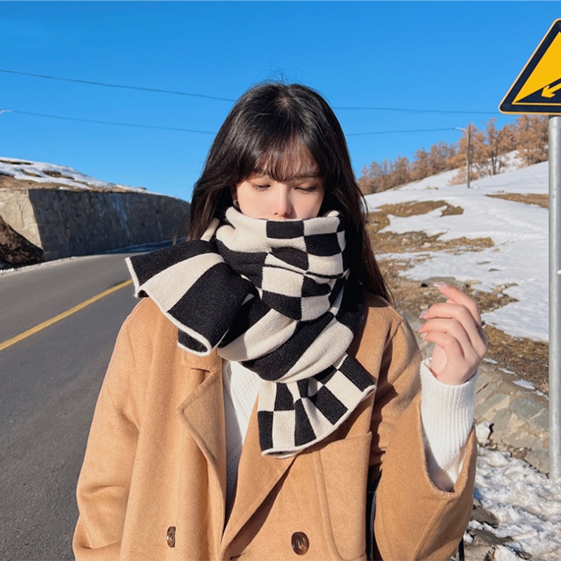 Khăn Choàng Cổ Dệt Kim Dày Dặn Ấm Áp Kẻ Sọc Kiểu Hàn Quốc Thời Trang Thu Đông Cho Nữ