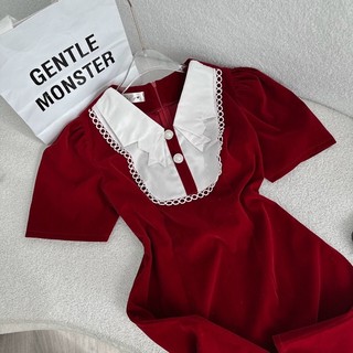 Đầm nhung đỏ ren tròn - Chitchitstore