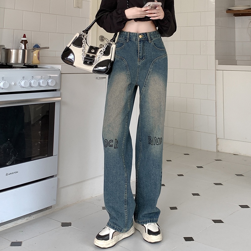 Ethelgirl Quần Jean Nữ Ống Rộng Lưng Cao In Chữ Phong Cách vintage