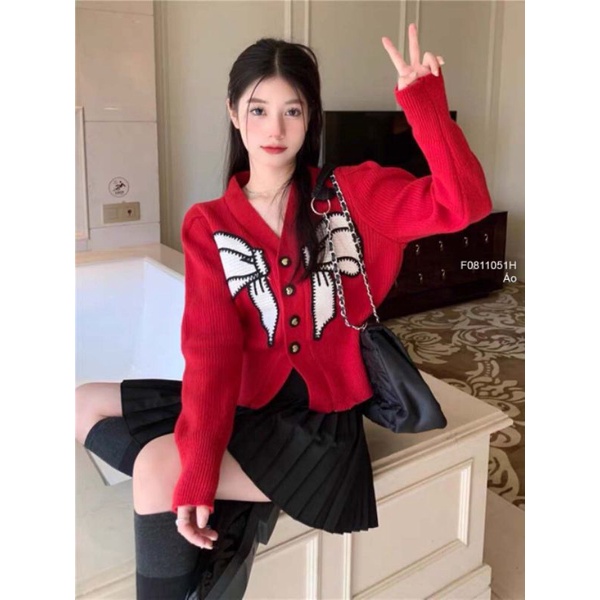 Áo len tay dài cổ tim gài nút phối nơ ngực hàng QC!