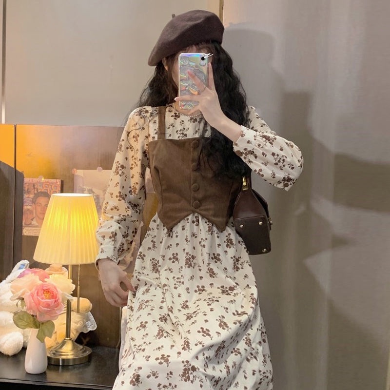 Đầm Nữ Hai Dây Họa Tiết Hoa Ghép Nối Kiểu Pháp Mới