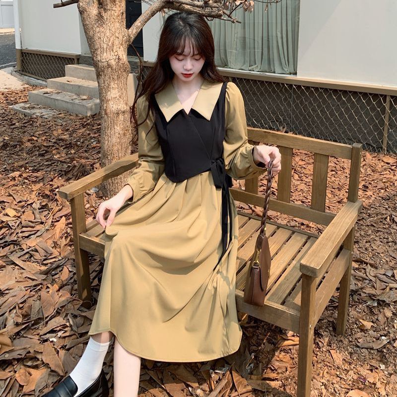 Váy đầm nâu cổ V ngực đen thắt nơ dài qua gối thu đông phong cách Hàn Quốc MS950