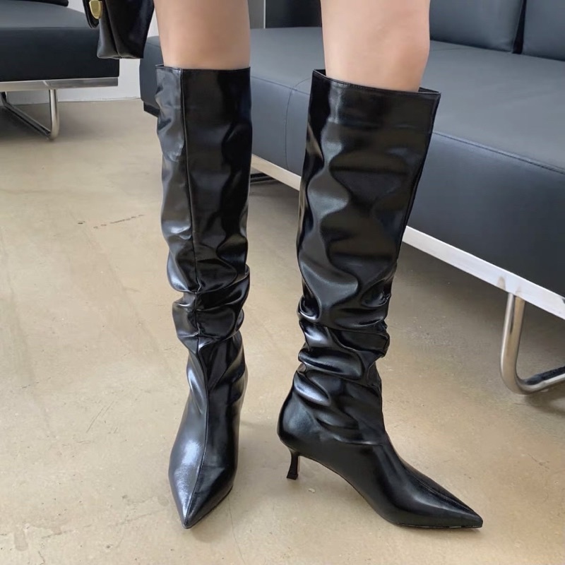 Boots cao gót da trơn ống rộng trendy phong cách Y2K 5 cm, hàng cao cấp