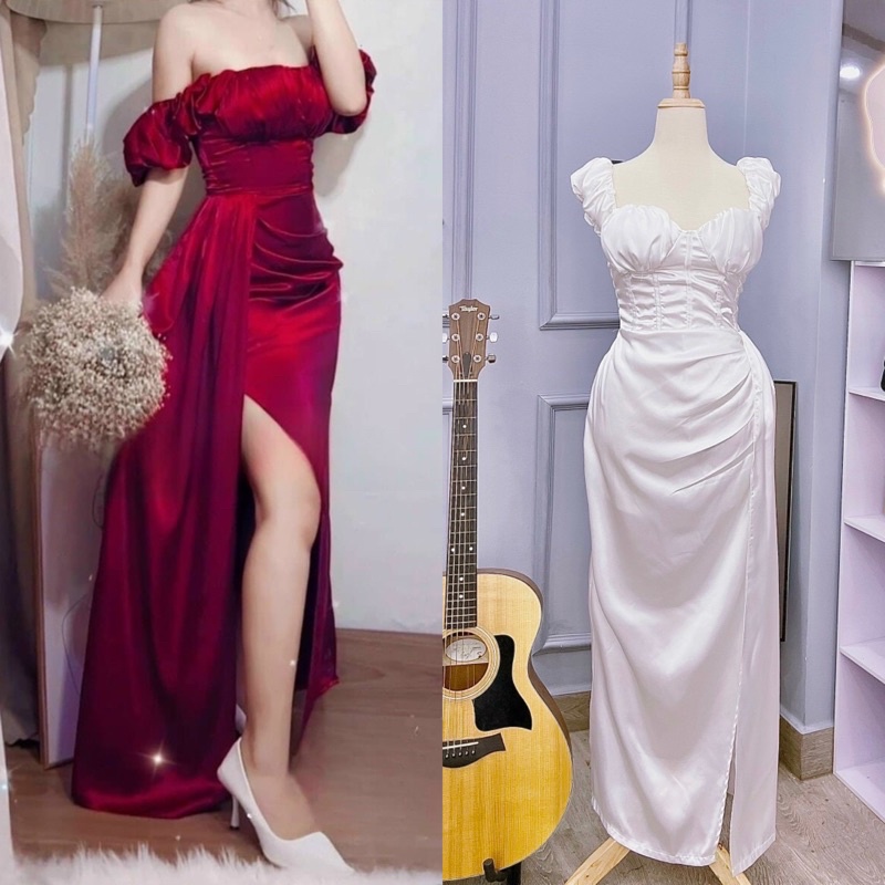 Đầm váy phi satin ôm body dài xẻ tà xẻ đùi bẹt/rớt/trễ vai cúp ngực thời trang nữ đi biển tiệc party bar pub sinh nhật