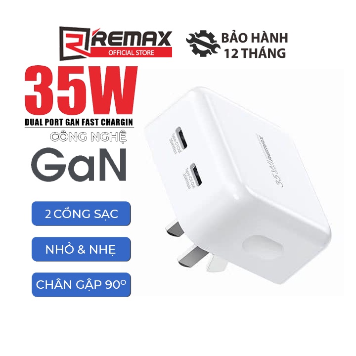 Cốc sạc nhanh Remax RP-U87 35W công nghệ chip GaN tích hợp 2 cổng USB Type C