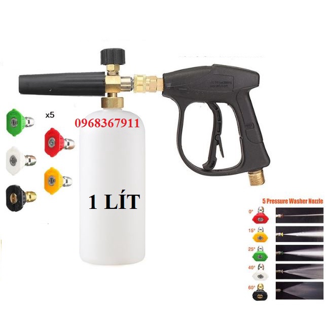 Bộ bình phun bọt tuyết+ súng rửa xe+ béc rửa xe cao áp, đầu phun rửa xe 0-15-25-40 độ