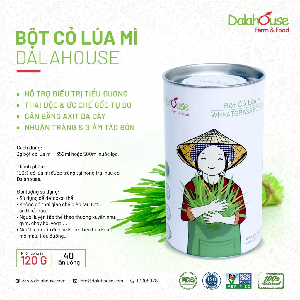 Bột Cỏ Lúa Mì Dalahouse - Bột Cỏ Lúa Mì Hữu Cơ Nguyên Chất Sấy Lạnh Dalahouse - Organic Wheatgrass Powder - Lon 120g