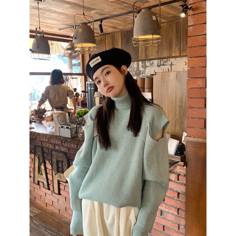 ZHELIHANGFEI Áo Len Tay Dài Cổ Cao Form Rộng Kiểu Dáng Ngọt Ngào