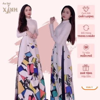 Áo Dài Trắng Lụa vân gỗ cao cấp thiết kê của Lamia, với họa tiết lập khối đa màu nổi bật trên nền áo dài màu trắng