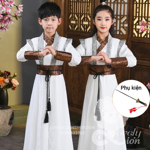 Hán phục nam nữ màu trắng cho bé + tặng phụ kiện như hình