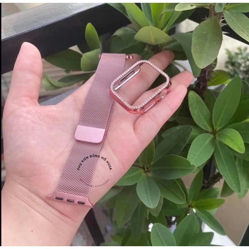Combo dây thép và Ốp Đính đá lấp lánh cho AW s1/2/3/4/5/6/SE/7/8/Ultra 38/40/42/44/41/45/49mm