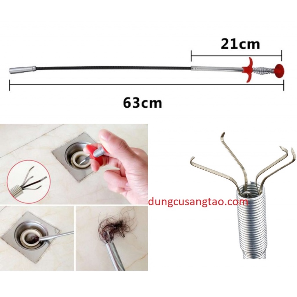 Dụng cụ gắp rác thông tắc cống loại 60cm, Dây thông tắc cống lò xo có kẹp gắp, Que thông cống gắp rác lò xo bằng thép