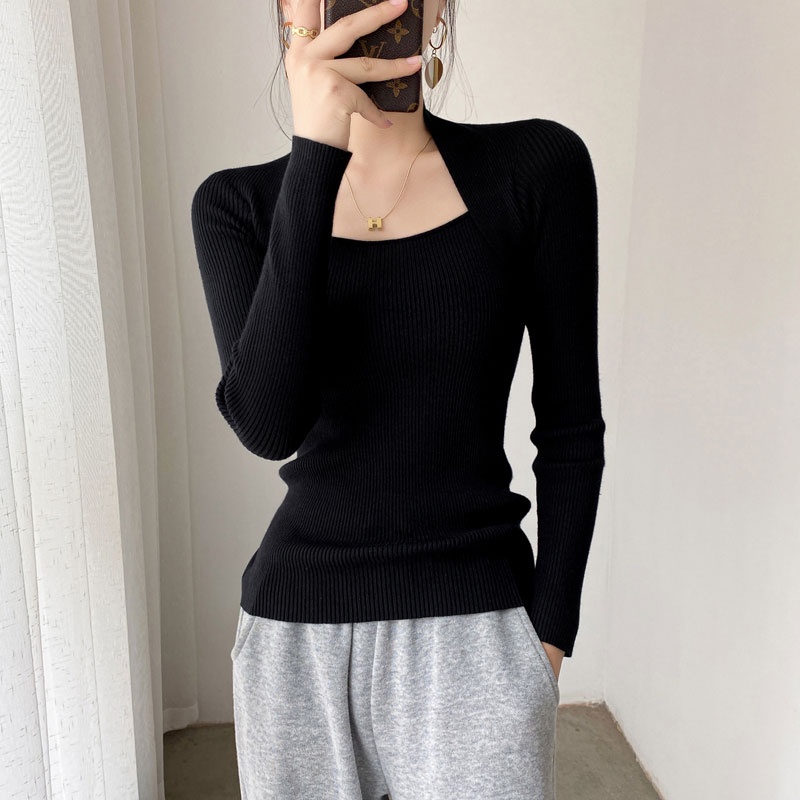 Áo Dệt Kim Tay Dài Cổ Vuông Quyến Rũ Thời Trang Hàn Quốc Cho Nữ