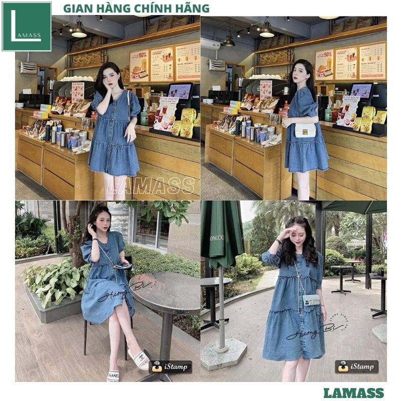 Váy bò babydoll cổ v kiểu dáng hàn quốc xòe bồng siêu xinh dễ thương kute, Đầm jeans bèo dáng xuông tay khuy - LAMASS