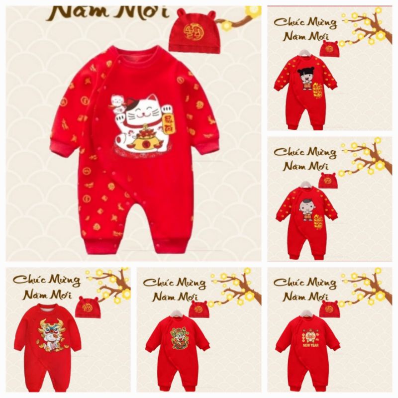 Bodysuit Tết cotton 2023 cho bé trai,bé gái có mũ