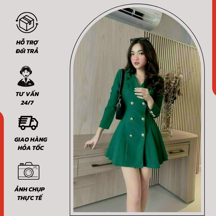 Đầm vest cài nút thiết kế công sở dáng xòe xếp ly thanh lịch tôn dáng - 1004
