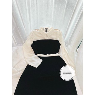 Đầm nhung đen đai lụa rời phối tay