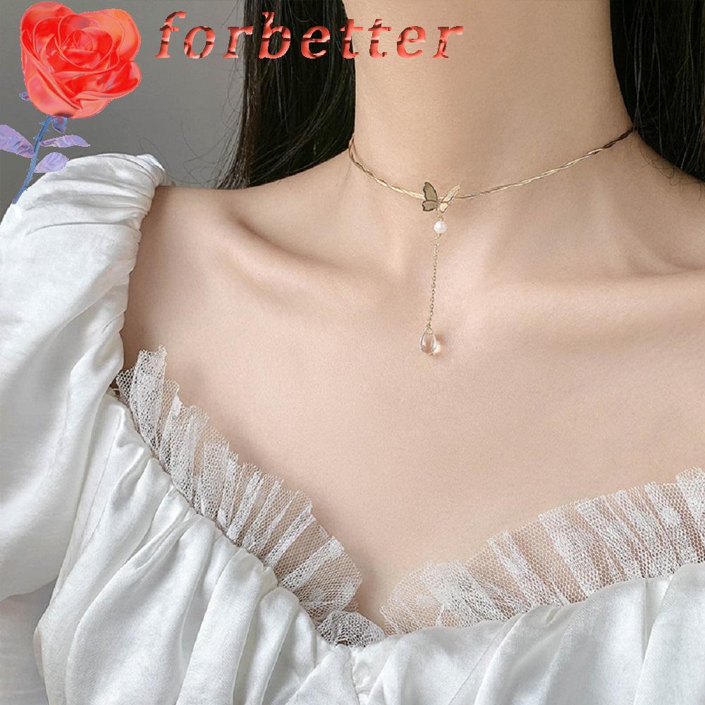 Vòng Cổ Mặt Bướm Đính Ngọc Trai Thả Đá Tinh Thể Thời Trang Cho Nữ