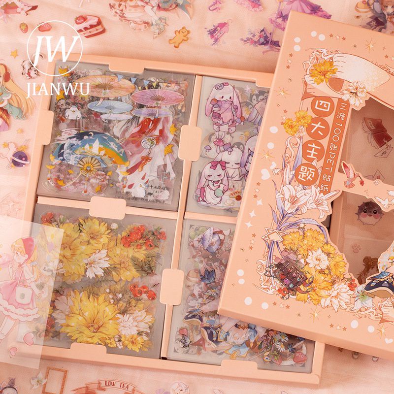 Hộp sticker 100 tấm nhiều hình khác nhau siêu rẻ.1000 miếng dán sticker 2D trang trí cô gái dễ thương, cổ trang, vintage