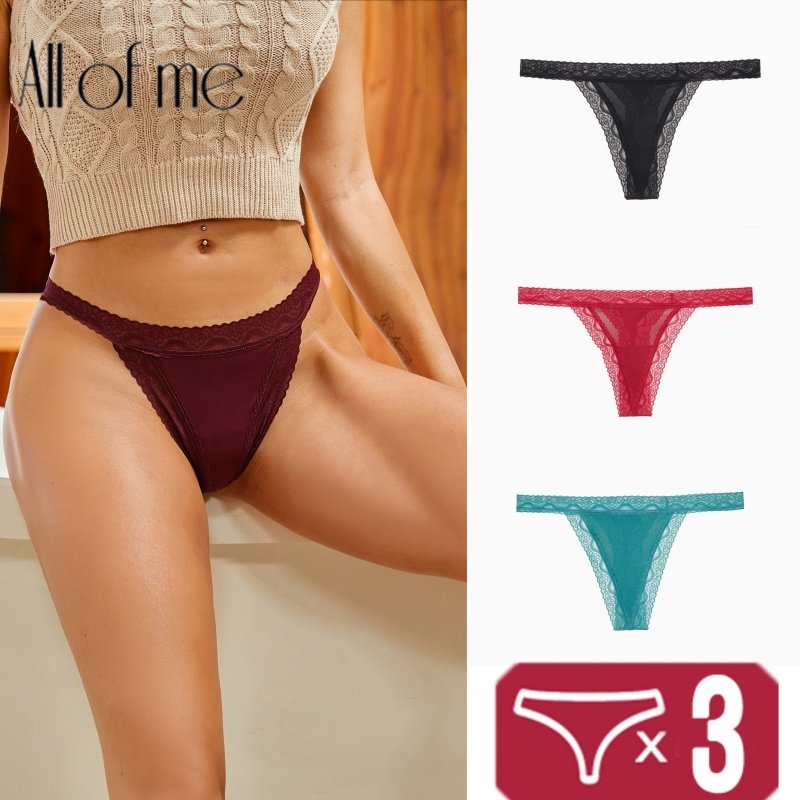 Allofme Bộ 3 Quần Lót Cotton Lọt Khe Phối Ren Hoa Gợi Cảm Cho Nữ