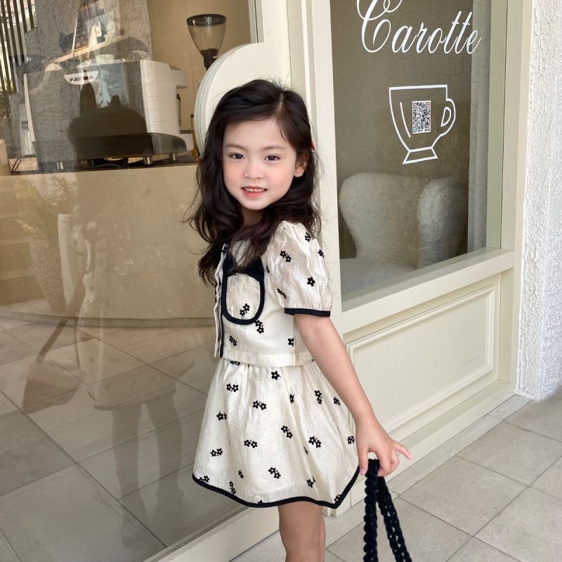 Babyfair. Váy Bé Gái Hai Mảnh Ngắn Tay Phồng Thanh Lịch Dễ Thương Flowy Trẻ Em Quần Áo