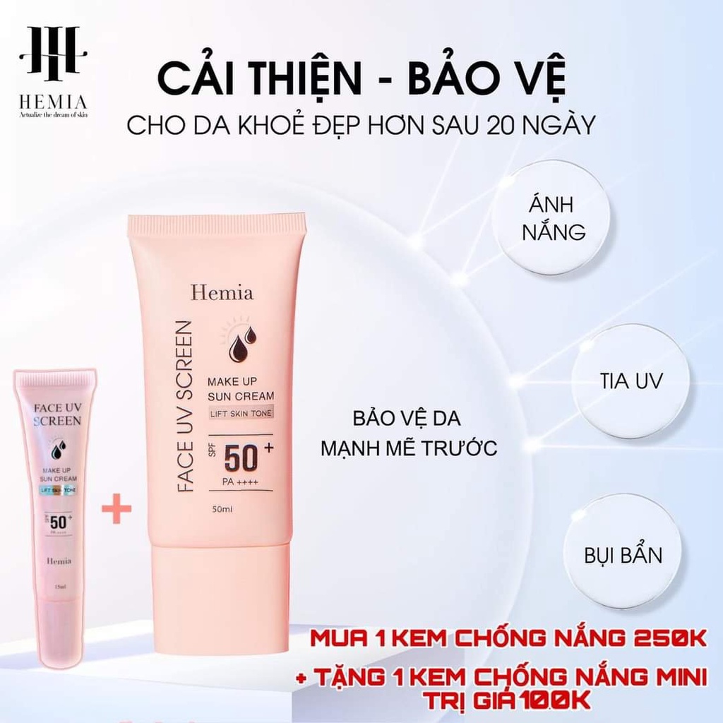 Hemia - Kem Chống Nắng Hemia Hàn Quốc, Dưỡng Trắng Make Up Bảo Vệ Da, Chống Lão Hóa, Kiềm Dầu Tốt, Phù Hợp Mọi Loại Dă