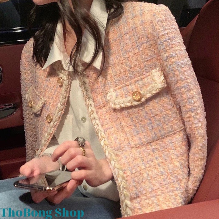 Khoác Dạ Tweed 2 Nắp Túi Ngực Kèm Khuy Đồng Phong Cách Tiểu Thư Sang Trọng.