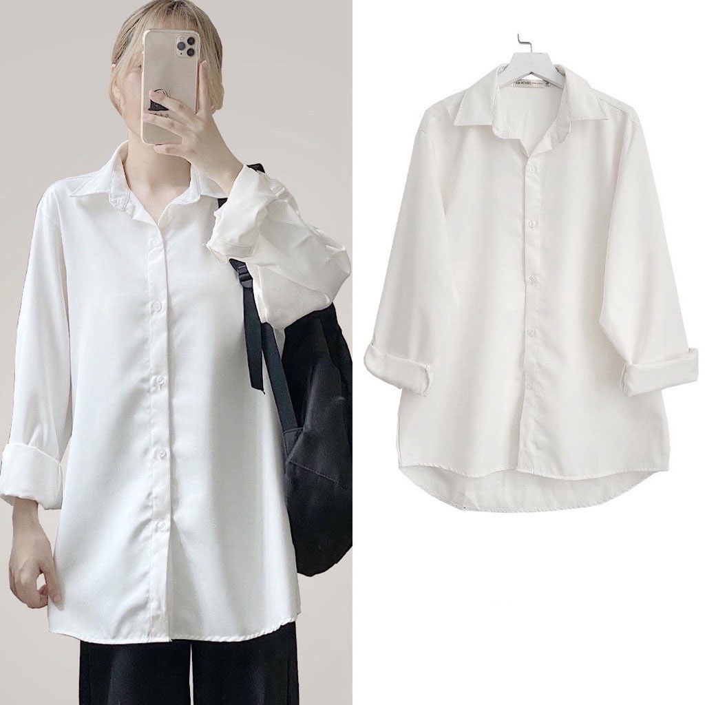 Áo Sơ Mi Nữ Tay Dài Cotton Lụa Hàn Form Rộng Unisex Màu Trắng Đen Đi Học, Đi Làm, Văn Phòng, Công sở - 539