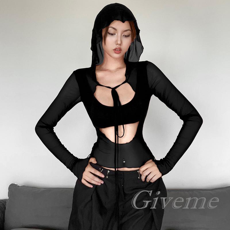 Áo Thun Lửng Dạng Lưới Tay Dài Màu Trơn Thời Trang Cho Nữ