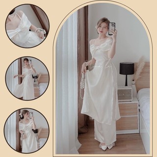 Sét áo dài cách tân fom dài trễ vai thời trang phong cách hiện đại kèm quần ống rộng