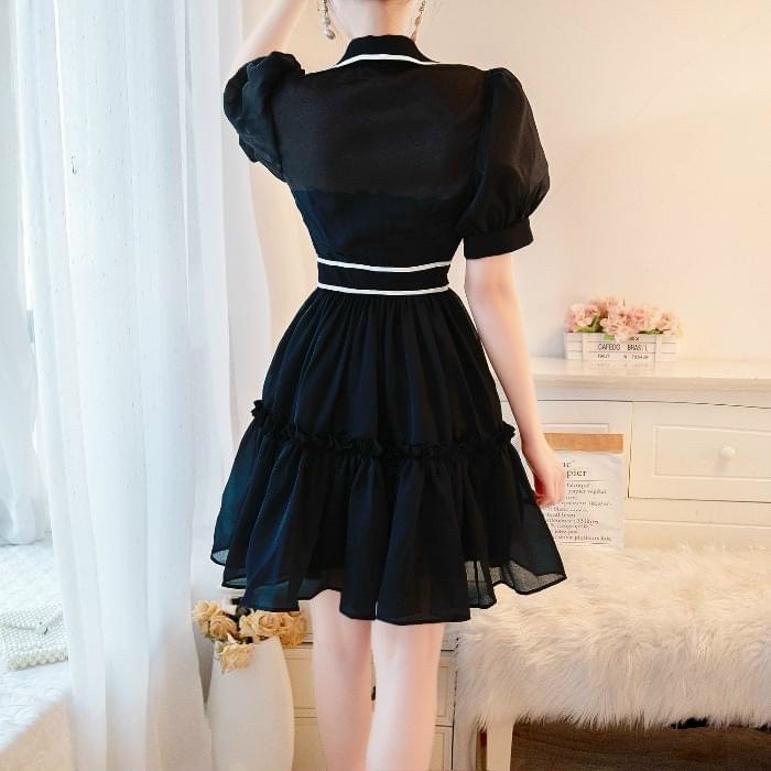 (FreeShip) Đầm voan chinfon 2 lớp,đầm nữ cổ sơ mi chạy viền nổi tay phồng dễ thương,thiết kế ôm eo đính nút sang chảnh