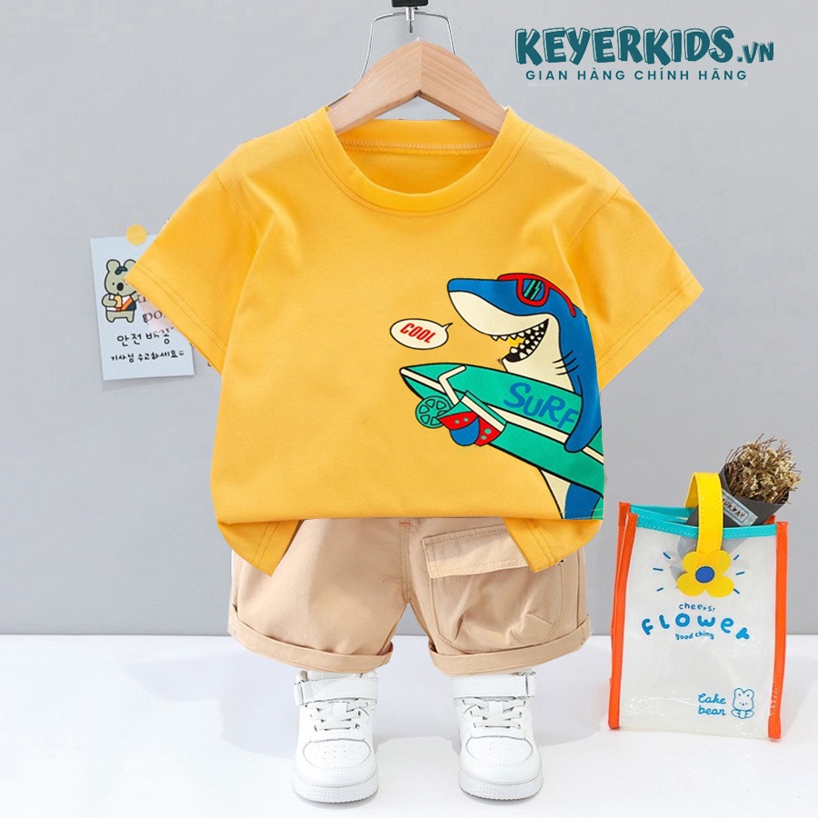 Set Đồ Bộ Bé Trai KEYER KIDS, Bộ Quần Áo Thun Cotton 2 Chiều Hình Cá Phối Quần Short Kaki Mềm Có túi SZ52