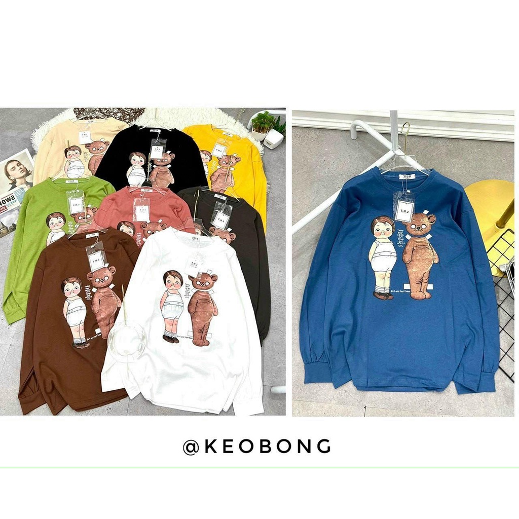 ÁO PHÔNG DÀI TAY COTTON KHÔ 3158 - HÌNH GẤU TAY BO