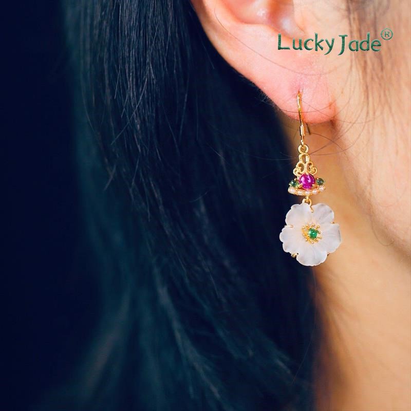 Bông Tai Mạ Bạc 925 Hình Hoa Đính Ngọc Bích Trắng Phong Cách Dân Tộc