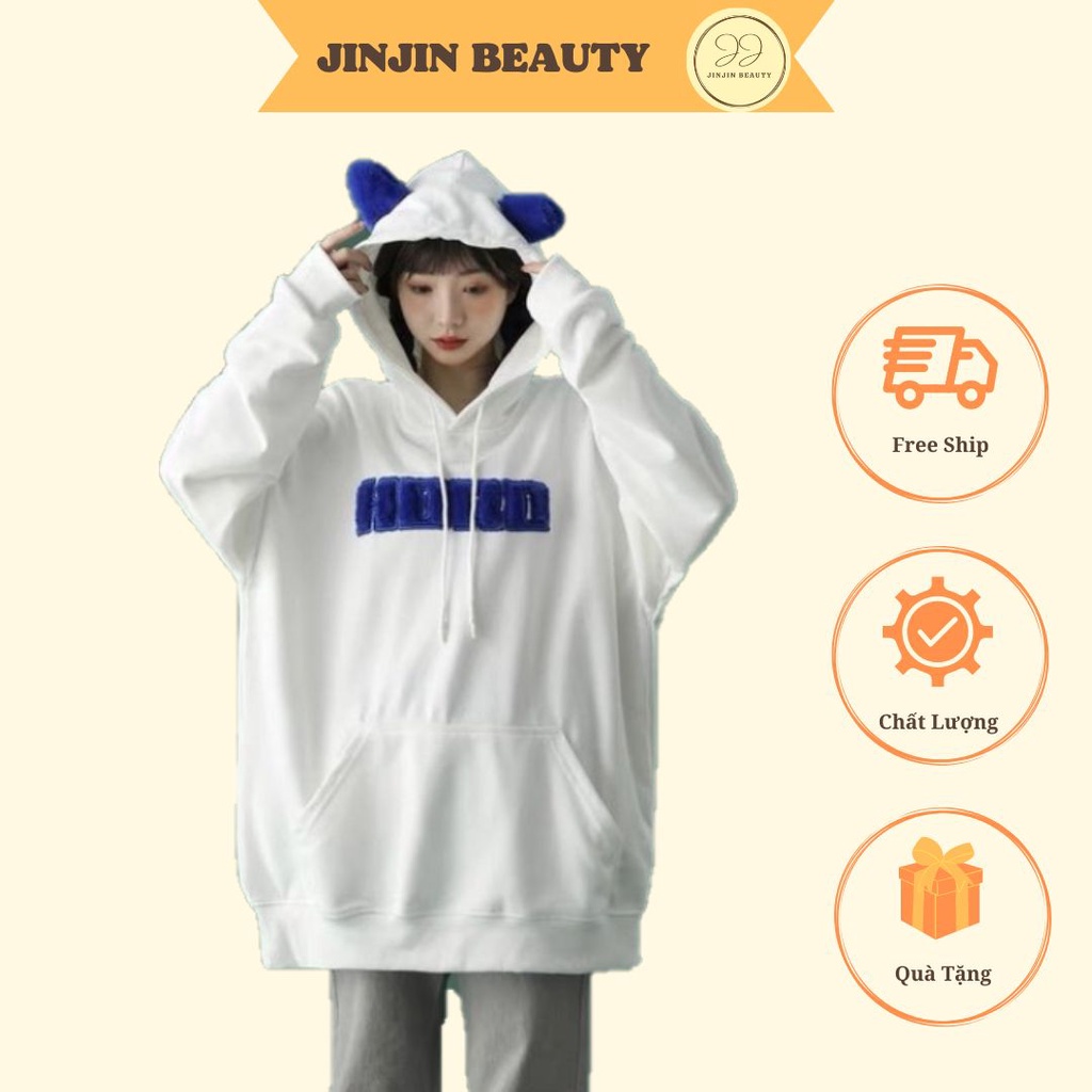 Áo Hoodie Chất Nỉ Unisex Tai Gấu HDGD Dáng Thụng 2 Màu Nam Nữ Áo Khoác Nỉ Mũ Trùm Đầu Hình Cute Áo Đôi Thể Thao